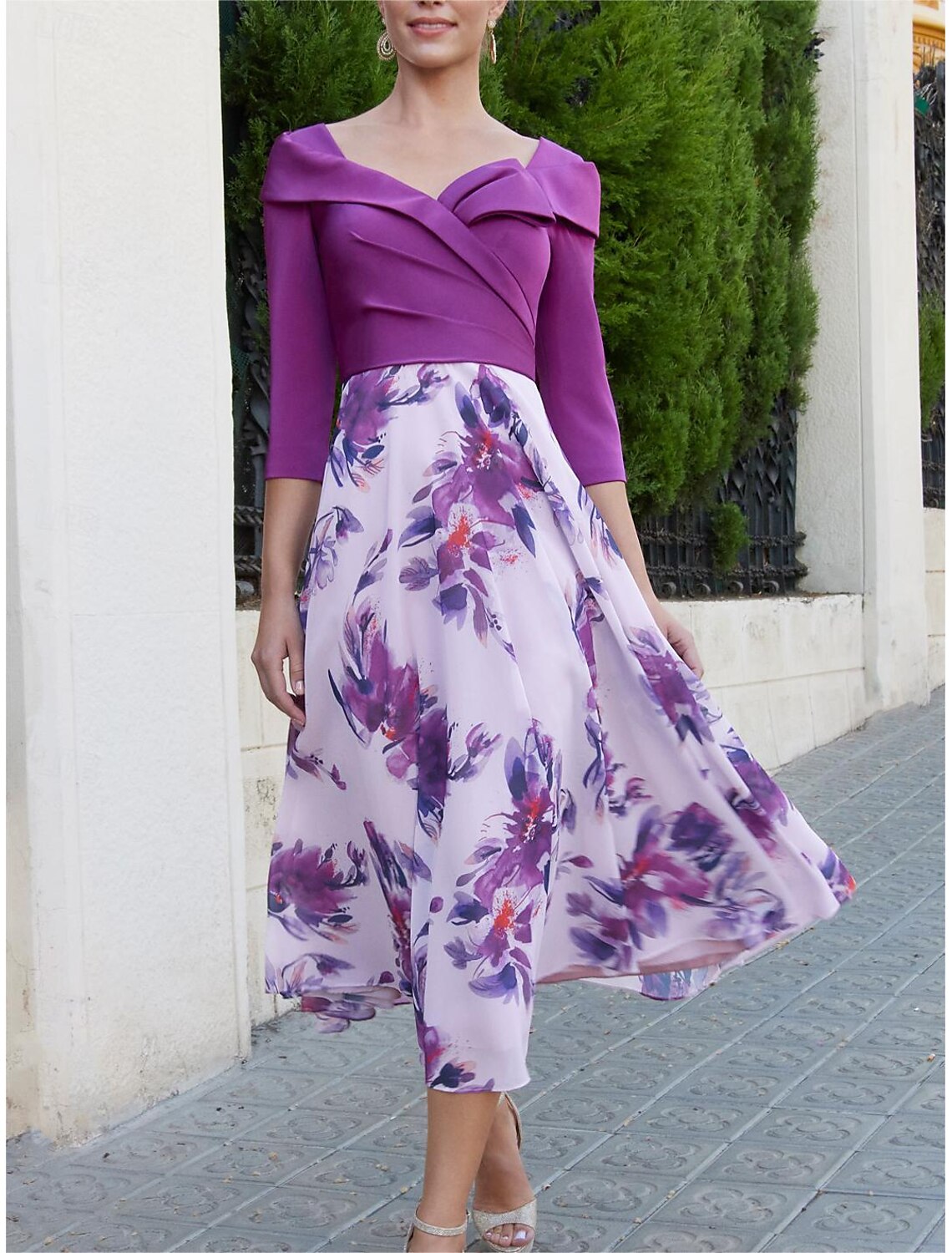 Buyishang A-Line Two Piece Mother of the Bride Dress Wedding Guest Elegant Vintage V Neck Tea Length Chiffon 3/4 Length Sleeve with Bow(s) Ruched Flower free custom size